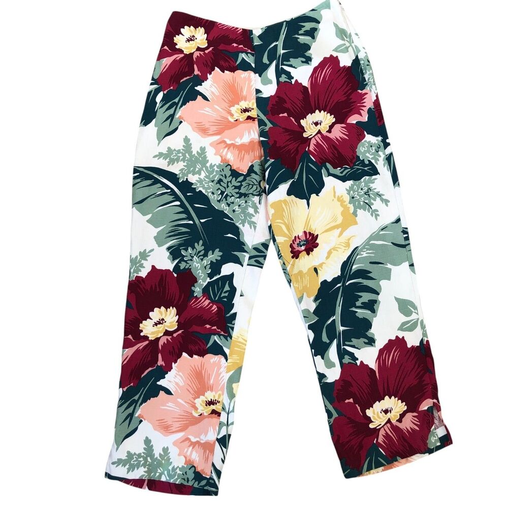 Tommy Bahama 100% Silk High Waist Tropical‎ Floral Capri Pants with Slits Sz 4